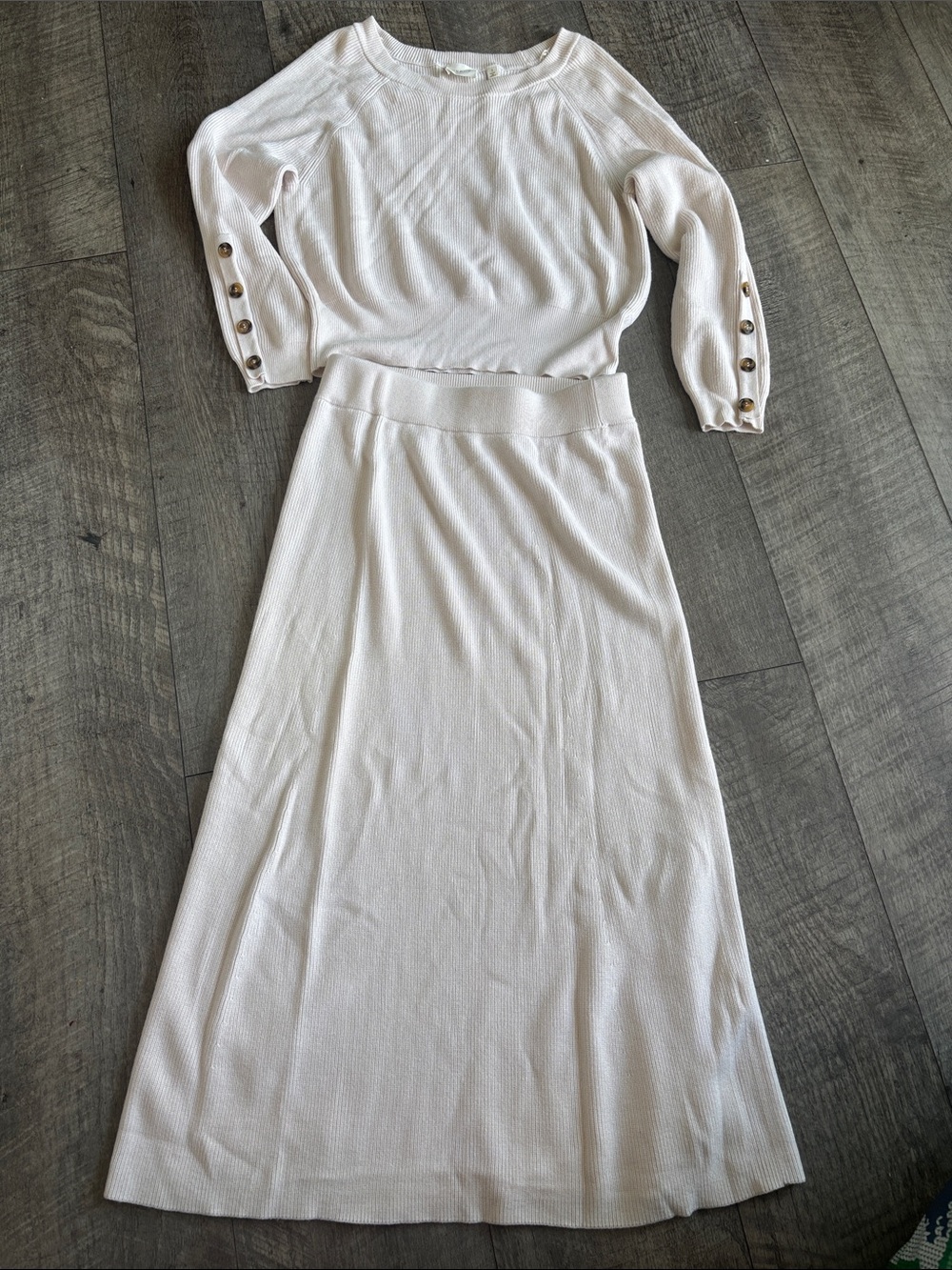 Cyrus Cream Two-Piece Knit Maxi Set with Button Cuffs